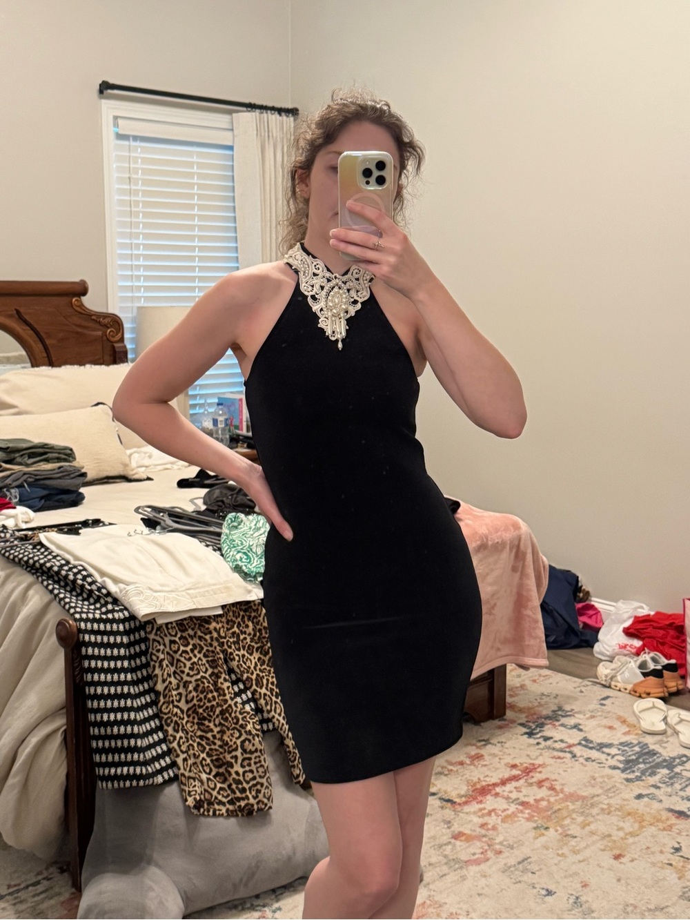 Black Halter Sheath Dress with lace and Pearl beaded Neckline